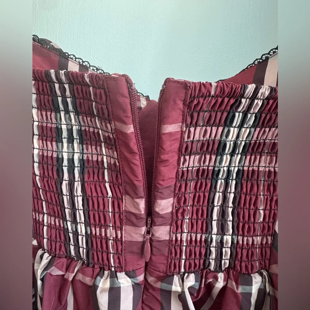 Anthropologie Maeve Plaid Maroon Tartan Burgundy Mini Puff Sleeve Dress Size S - Picture 13 of 15
